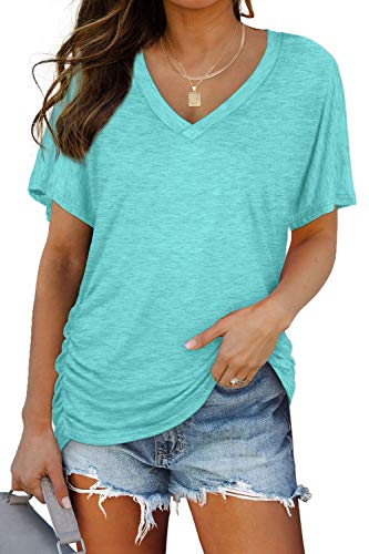 WIHOLL Womens Summer T-Shirts Short Sleeve V Neck Dolman Tops with Side Shirring Loose Fit Shirts Spring Fashion
