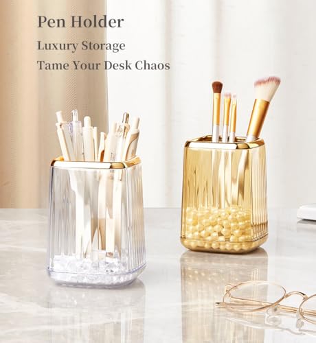 Yoohailor Acrylic Pen Holder, Cute Clear Desk Organizer for Pencils, Makeup Brushes Toothbrushes Storage Cup with Striped ...