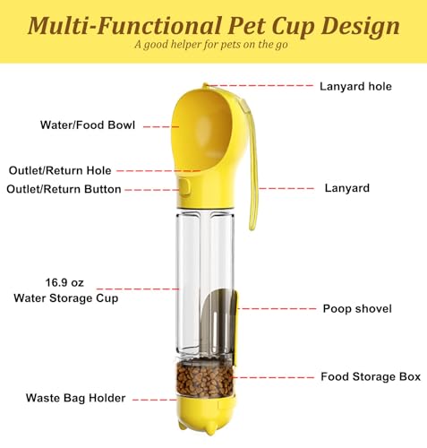 16.9oz Portable Pet Water Bottle Food Container,Travel Drink Feeder Cup Food Dispenser with Poop Shovel 17Pcs Waste Bag,fo...