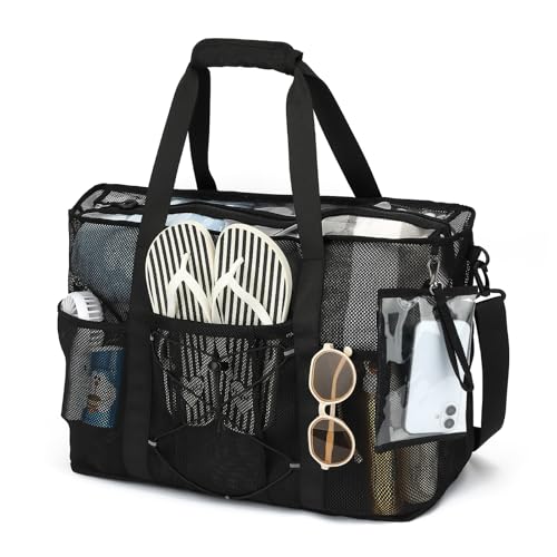 PIG PIG GIRL Mesh Beach Bag, Foldable Extra Large Beach Bags with Zipper Pool Bag with Portable Phone Pouch for Vacation Pool