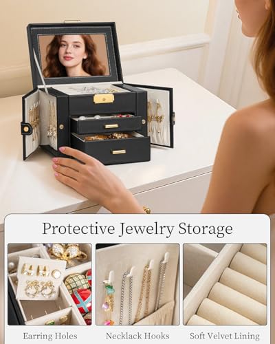TORIBIO Jewelry Box for Women, Leather Jewelry Organizer with Mirror & Lock, 3-Tier Jewelry Storage Organizer with 2 Drawe...