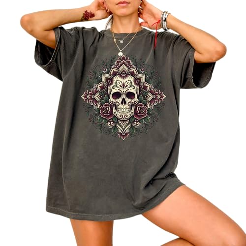Sugar Skull Mandala Design - Womens Comfort Colors - Pepper Grey Floral Rose Day of the Dead Graphic Tee