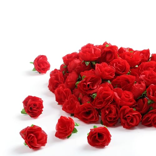 SITUMEIZI 100 Pcs 1.3 inches Mini Red Rose Head Fake Red Roses Artificial Flowers for Home DIY Flower Wall Mother's Day Pa...