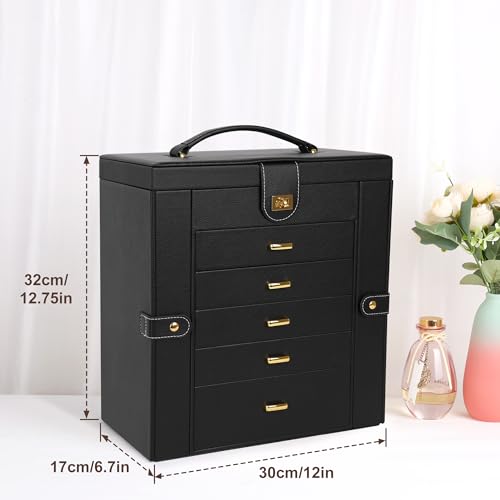 Kendal Extra Large Jewelry Box Jewelry Case PU Leather 6 Tier 5 Drawers Large Storage Capacity with Mirror Jewelry Storage...