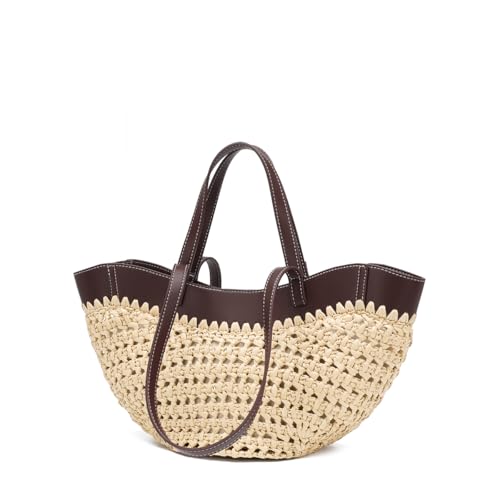 Large Straw Tote Bag for Women, Woven Summer Beach Bag with Leather Trim & Double Straps, Handmade Mesh Boho Shoulder Bag