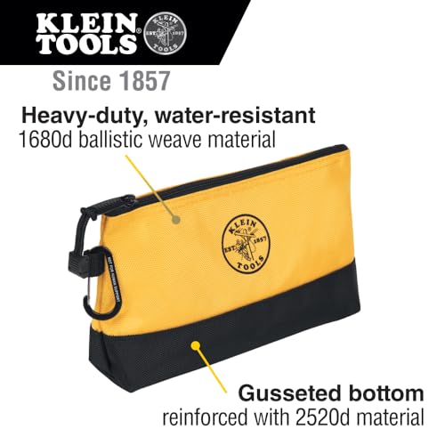 Klein Tools 55569 Stand-Up Zipper Bag Tool Pouch with Carabiners, Reinforced Gusseted Bottoms, Water Resistant 1680d, Mult...
