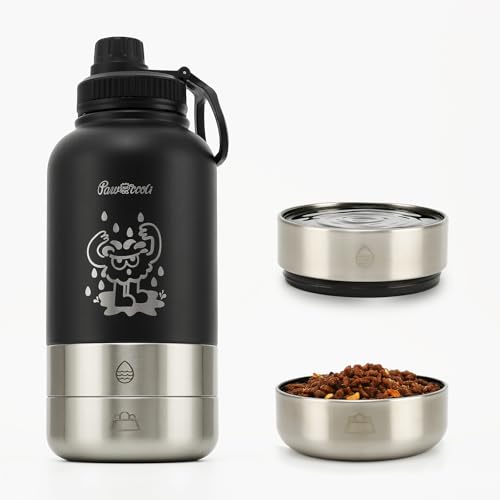 Pawccoli 34oz Dog Water Bottle, Stainless Steel Dog Water Bottle Dispenser with Detachable Food & Water Bowls, Keeps Water...