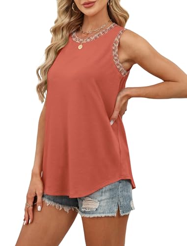 Sampeel Tank Tops for Women Round Neck Boho Color Block Sleeveless Tops Summer Beach Vacation Clothes Curved Hem