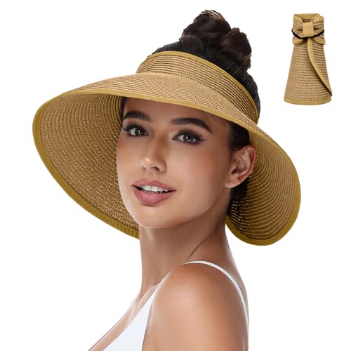 Sun Hats Visor for Women, UV UPF Straw Beach Hat Foldable Wide Brim Ponytail Summer Hats Packable Travel