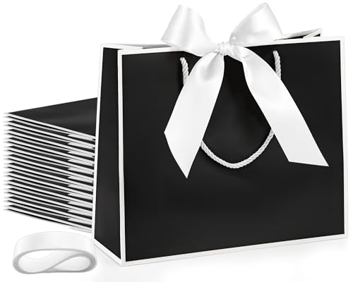 Silkfly 12 Pcs Thank You Gift Bags with Handle 12x10x4'' Welcome Elegant Gifts Bag with Bow Ribbon for Mother's Day Weddin...