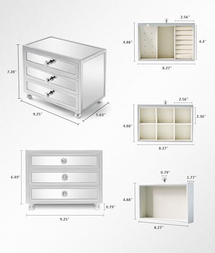 Gifturbo 3 Layer Mirrored Glass Jewelry Box, Large Capacity Women's Storage Box with Velvet Interior and Crystal Handle