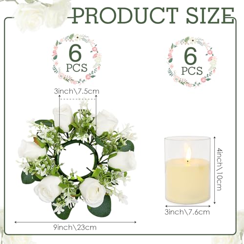 Acmee White Rose Candle Rings with Flameless Candles Sets - 12PCS Artificial Flower Eucalyptus Wedding Centerpiece 3 Inch ...