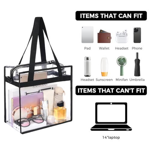 BAGAIL Clear Bags 12x6x12 Stadium Approved Clear Tote Bag with Zipper Closure Crossbody Shoulder Bag with Adjustable Strap