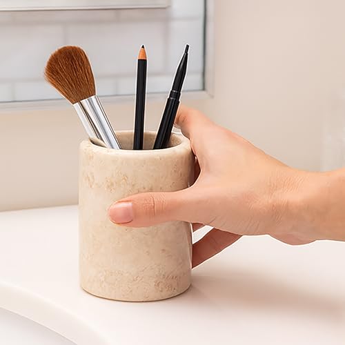 Creative Home Natural Champagne Marble Tumbler Solid Stone Toothbrush Holder Cup Bathroom Vanity Makeup Brush Pen Organize...