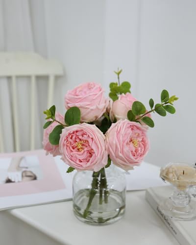 CHASMILE Artificial Flowers with Pink Roses in Vase, Lifelike Fake Flowers in Vase, Faux Flower Arrangements for Dining Ta...