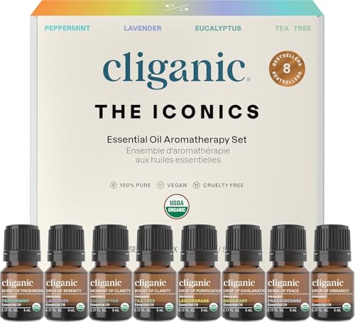 Cliganic Organic Aromatherapy Essential Oils Gift Set (Top 8 - The Iconics), 100% Pure - Peppermint, Lavender, Eucalyptus,...