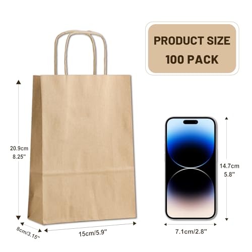 LIHOMR Gift Bags 8.25" X5.9 X3.15 100pcs Brown Kraft Paper Bag with Handles for Small Business Christmas Bulk, Wedding, Pa...