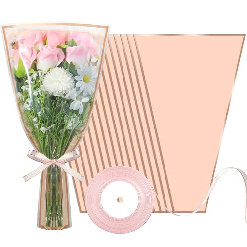 50PCS Flower Wrapping Bags for Bouquets 17 x 11in Pink Floral Bouquet Packing Sleeves with Ribbon Plastic Flower Bouquet S...