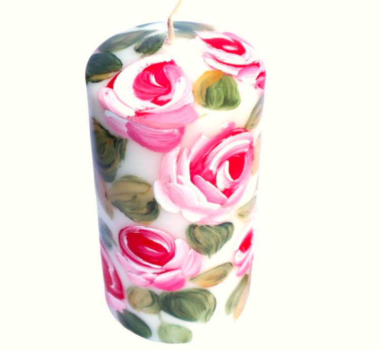 Romantic Decorative Unscented Dripless 6 Inch Tall Decorative Large White Pillar Candle with Hand Painted Pink Roses Shabb...