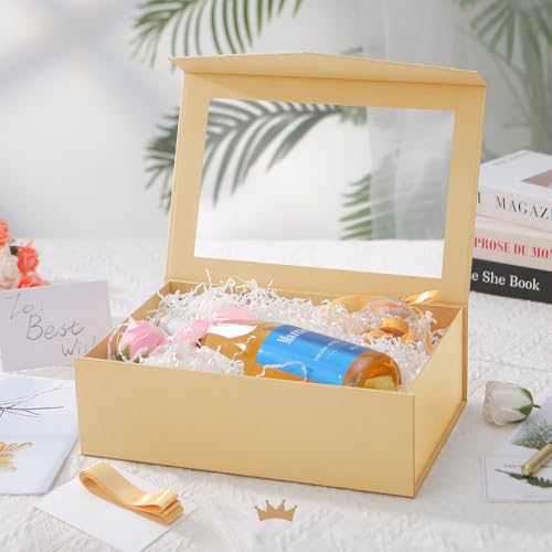 PACKQUEEN Large Kraft Gift Box with Window, 13.5x9x4.1 Inches Clear Gift Box for Present Contains Ribbon, Card, Groomsman ...