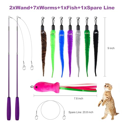 ZeyZoo Cat Toys for Indoor Cats, 11PCS Interactive Cat Toy Wand Pack, 2 Retractable Cat Wand & 7PCS Worm Teaser Refills, P...