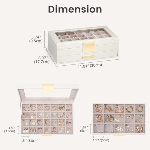 Lolalet Earring Storage Box Case with Glass Top, Large Earring Jewelry Holder Organizer Display with Drawer and Grid, Gift...