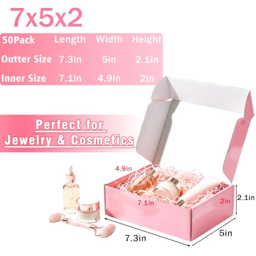 DERZIFUN 7"x5"x2" Glossy Pink Shipping Boxes, 50 Pack Corrugated Cardboard Mailing Boxes for Small Business Packaging, Shi...