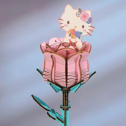 Hands Craft Hello Kitty and Friends Pink Rose 3D Wooden Puzzle Kit | DIY Flower Model | Arts & Crafts for Adults & Kids | ...