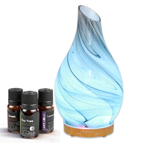 Glass Essential Oil Diffuser with 3 Aromatherapy Oils,200ml Small Humidifier with Timer,7 LED Color Lights,Waterless Auto ...