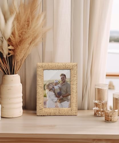 takfot Boho 5x7 Picture Frame, Natural Boho Rattan Photo Frame with Real Glass Paper Rope for Wall and Tabletop Display Mo...