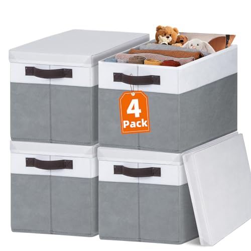Large Closet Storage Baskets Bins with Lids 4 Pack, Storage Baskets for Organizing Shelves Nursery Bedroom, Home Dorm Clos...