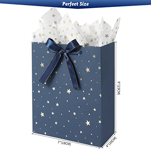 KomoLeay 4 Pack 9" Medium Size Gift Bags Assorted Premium Blue Gift Bags with Tissue Paper Use for Birthdays, Baby Shower,...