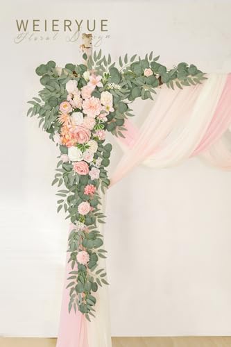 WEIERYUE Deluxe Pink Artificial Wedding Arch Flowers with Drapes Kit-Pack of 5, 2pcs Flower Arrangements 3pcs Hanging Shee...