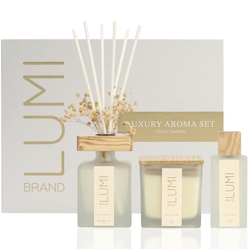 Luxury Aroma Gift Set | Peony Garden - Reed Diffuser (200ml), Wood Wick Soy Candle (200g), Room Spray (50ml) | Includes Dr...