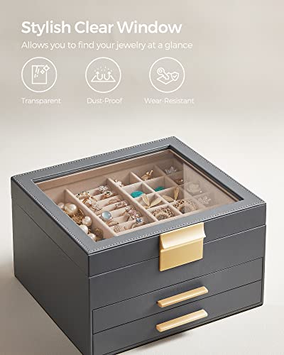 SONGMICS GISELLA Collection - Jewelry Box Organizer, 3-Layer Jewelry Storage with 2 Drawers, Shiny Metal Hardware, Glass L...