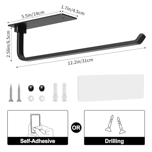 Paper Towel Holder - Self-Adhesive or Drilling, Matte Black, Upgraded Aluminum Kitchen Roll Dispenser Under Cabinet, Light...