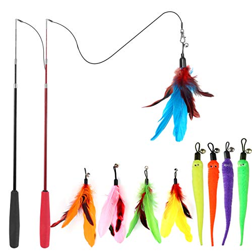 MeoHui Cat Toys for Indoor Cats, Interactive Cat Toy 2PCS Retractable Wand Toy and 9PCS Cat Feather Toys Refills, Funny Ki...