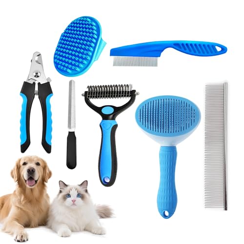 7PCS Dog Grooming Brush Kit for Shedding and Matted Fur, Self-Cleaning Slicker Brush with Undercoat Rake, Flea Comb for Lo...