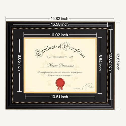 eletecpro 11×14 Diploma Frame for 8.5×11 Degree, Solid Wood with Real Glass, Black & Gold Mat, Wall or Tabletop Display, O...