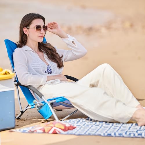 Old Bahama Bay Folding Beach Chair 2 Pack, Beach Chairs for Adults Low Beach Camping Chair with Cup Holder Mesh Back for O...
