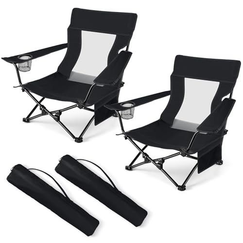 HaSteeL Folding Beach Chair Set of 2, Foldable Black Camping Chairs for Outside, Low Beach Chair Portable for Adults Fishi...