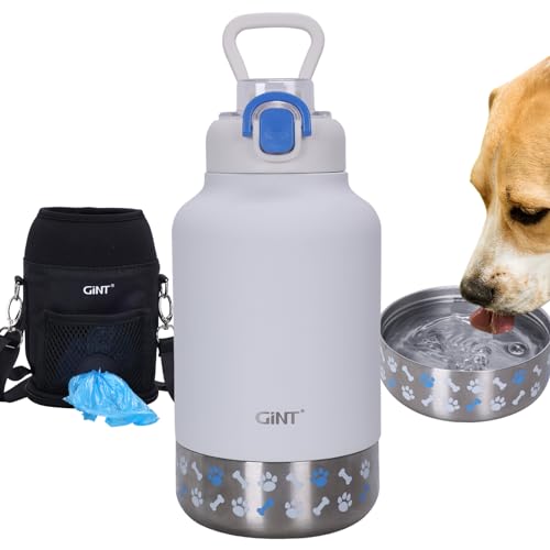 GiNT 37oz Insulated Stainless Steel Dog & Human Water Bottle, All-in-1 Travel Dispenser with Detachable Bowls & Carrying C...