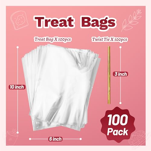 LOKIQNG Cellophane Bags Plastic Mothers Day Gift Bags Clear Cookie Treat Bags with Twist Ties for Party Favor Bag(100PACK,...