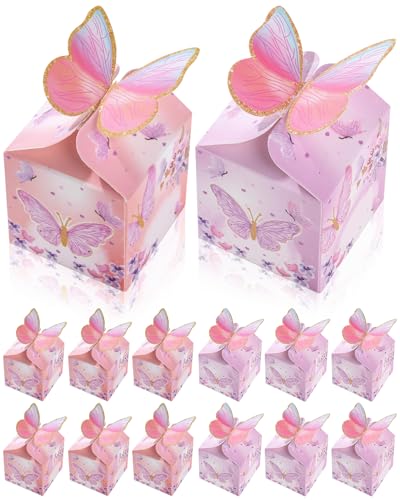 Liobelon 48 Pcs MINI Butterfly Party Favor Treat Boxes, Pink Purple Floral Candy Paper Gift Box Butterfly Decorations Brid...