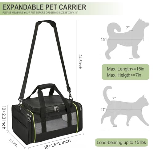DAROSS Black Expandable Pet Carrier for Cats/Dogs - Airline Approved, 2-Side & Height Extendable Design - Soft Sided Trave...