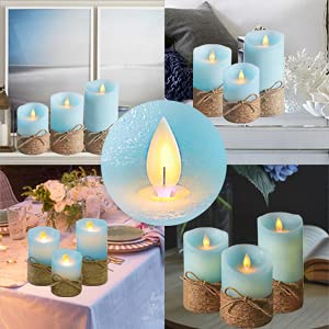 PETRISTRIKE Ocean Blue Flameless Candles, Nautical Themed Led Pillar Candles with Remote & Timer, Decorative Flickering Ca...