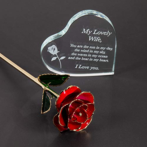GreenCor Anniversary for Wife Engraved Wooden Gift Set 'To My Beautiful Wife' Includes Crystal Engraved Heart 24K Gold Dip...