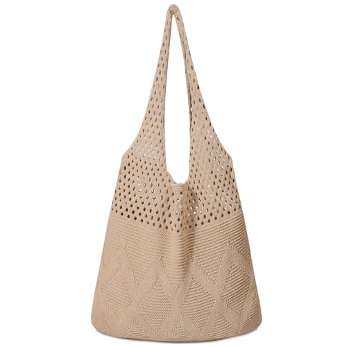 Pleneal Crochet Tote Bag, Mesh Beach Bag, Knitted Shoulder Beach Bags for Women Vacation Aesthetic Hobo Tote Bags