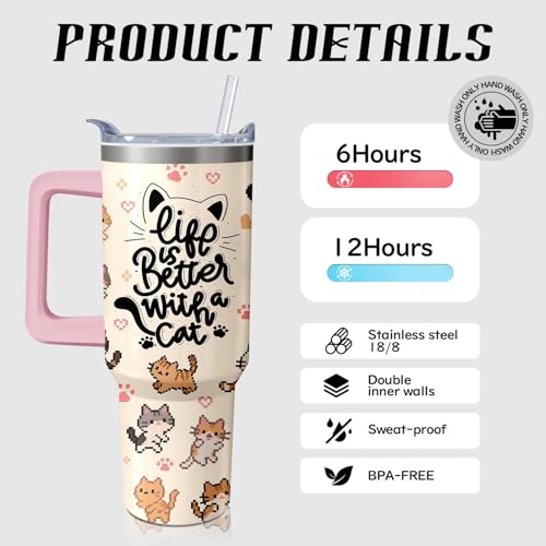 Xchearser Cute Cat Tumbler with Handle and Straw, 40oz Travel Coffee Mug Water Bottle with Lid, Stainless Steel Insulated ...