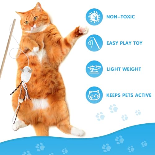NOWFRESH Cat Wand Toy Set, 2 PCS Interactive Cat Teaser Wands with Cute Bee & Mouse Designs, Equipped with Bells and Strea...